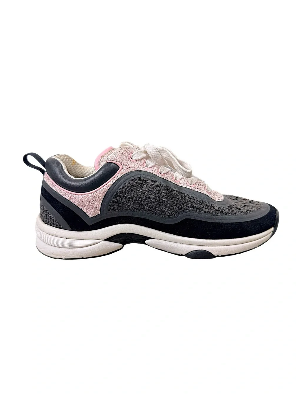 Chanel 2021 Pink Grey Tweed CC Sneakers 37.5